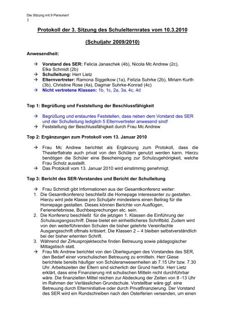 Protokoll der SER- Sitzung vom 10. März 2010 - Die Grundschule ...