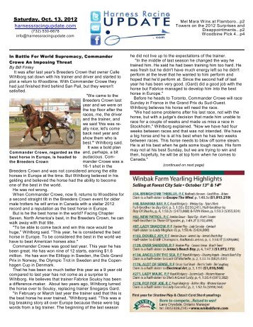 Saturday, Oct. 13, 2012 harnessracingupdate.com