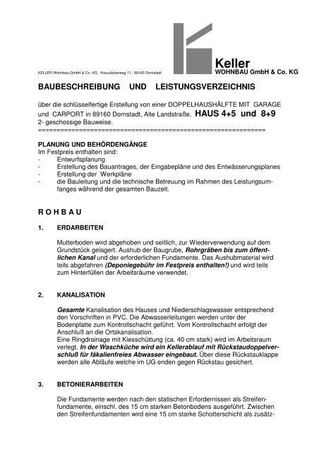 Baubeschreibung - Hans Keller Bauunternehmung GmbH, Bollingen