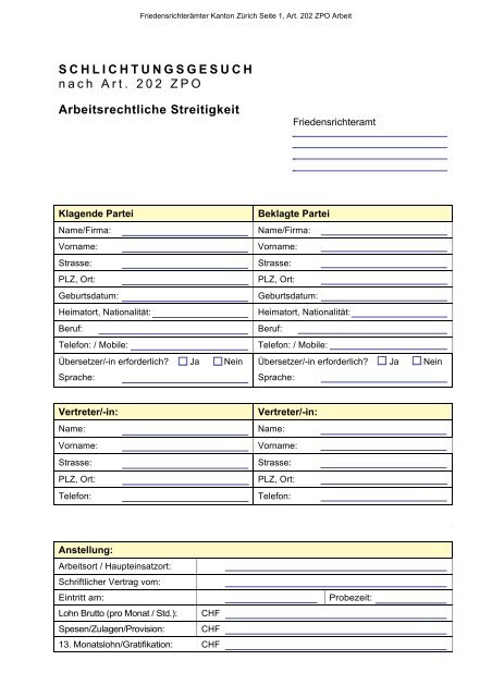 SCHLICHTUNGSGESUCH nach Art. 202 ZPO Arbeitsrechtliche ...