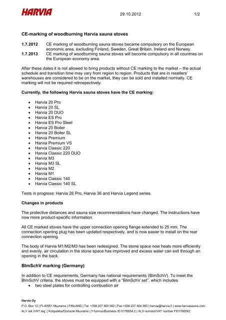 CE-marking of woodburning Harvia sauna stoves BImSchV marking ...