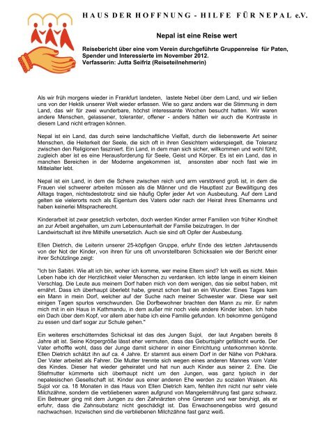 Reisebericht Von Jutta Seifriz Haus Der Hoffnung Ev