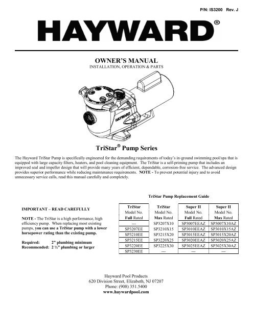 TriStar® Pump Series - OWNER'S MANUAL - Pool Center