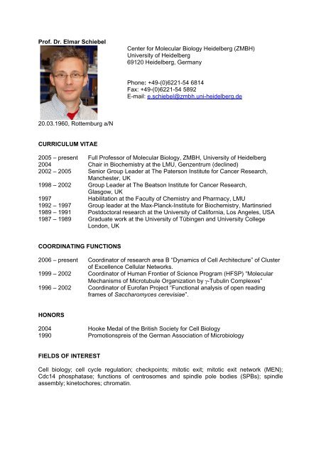 Prof. Dr. Elmar Schiebel Center for Molecular Biology ... - HBIGS