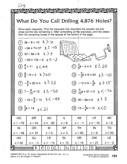 Inequalities 'Pizzazz' Worksheet ANSWERS