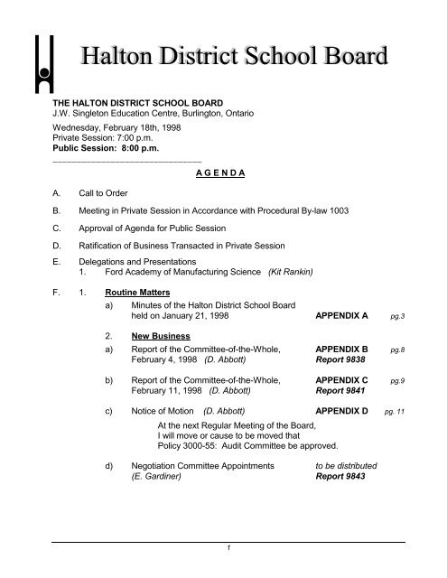 Board Agenda February 18, 1998 - Halton District School Board