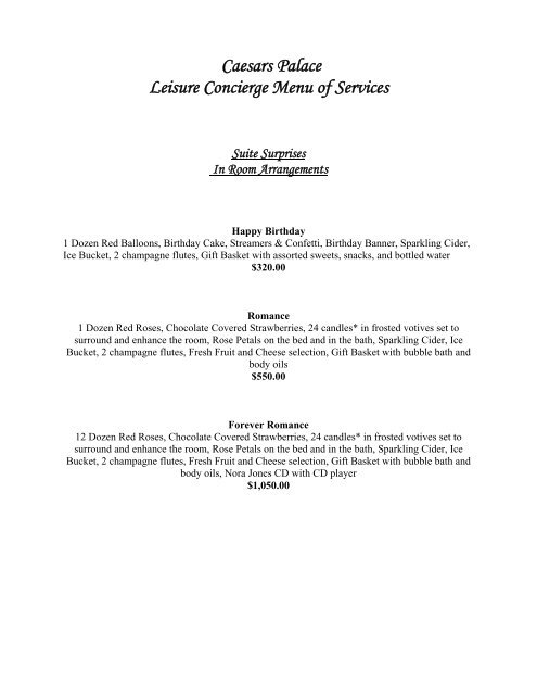 Caesars Palace Leisure Concierge Menu of Services Suite ...