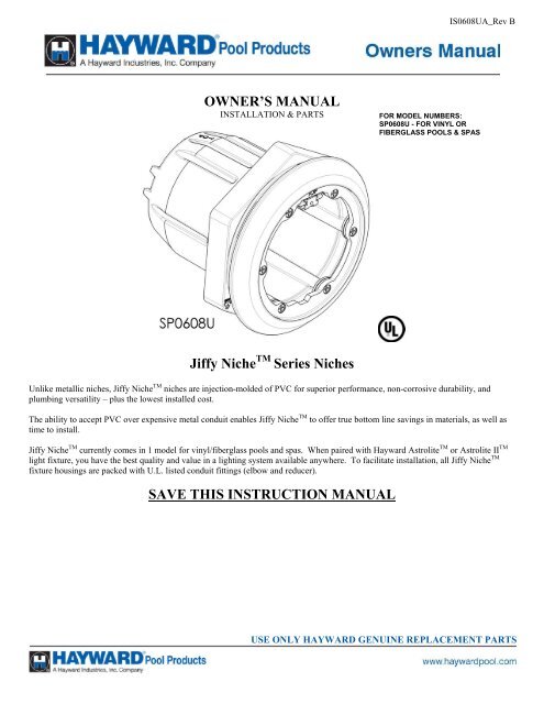 Jiffy Niche™ Series Niches - Owner's Manual - Hayward