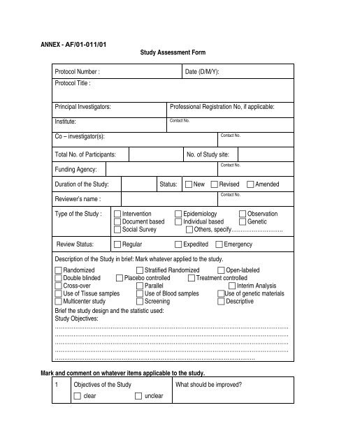 ANNEX - AF/01-011/01 Study Assessment Form Protocol Number ...