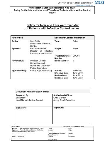 Inter and intra ward transfer policy for patients with infection control ...