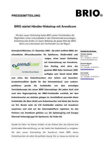 PRESSEMITTEILUNG BRIO startet Händler-Webshop mit Arendicom