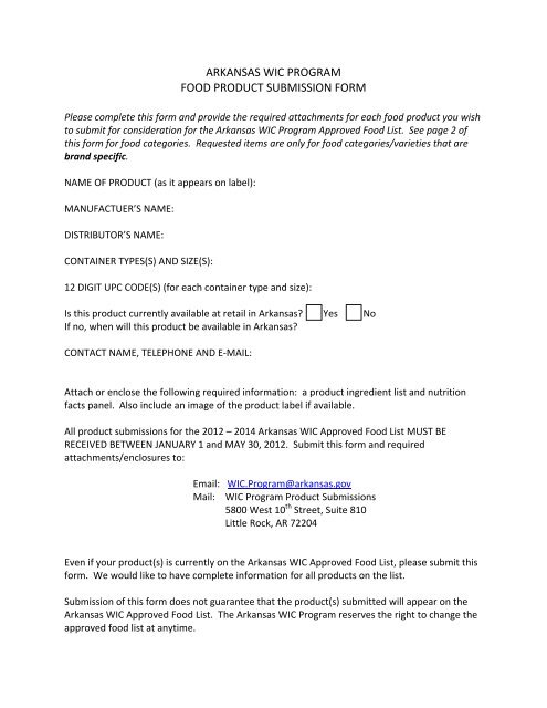 WIC Product Submission Form - Arkansas Department of Health