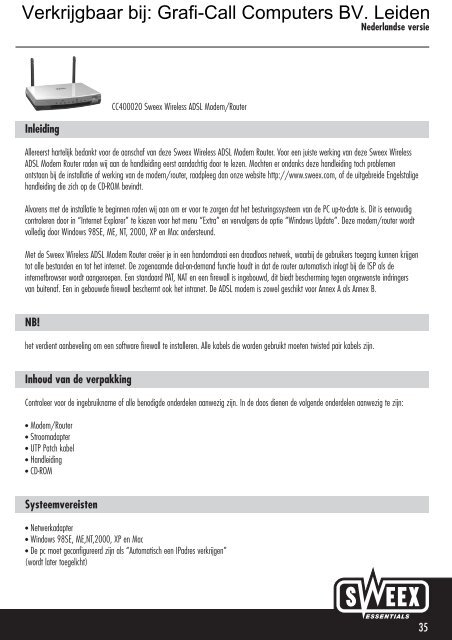 Sweex ADSL Modem/Router 11G Annex A/B (CC400020) - Grafi-Call