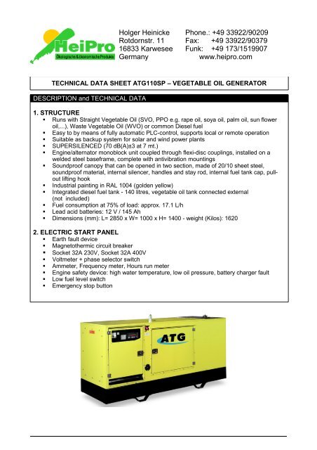 technical data sheet atg016sp â vegetable oil generator - HeiPro