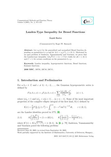 Landen-Type Inequality for Bessel Functions - Heldermann-Verlag