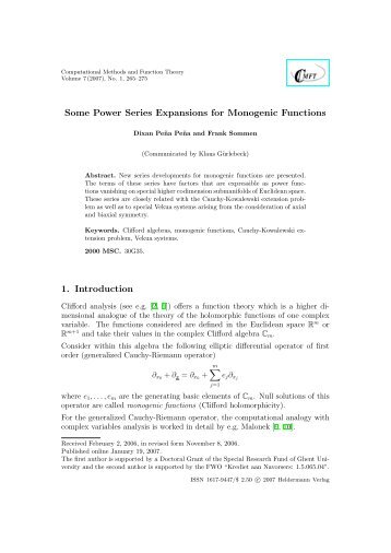 Some Power Series Expansions for Monogenic Functions in