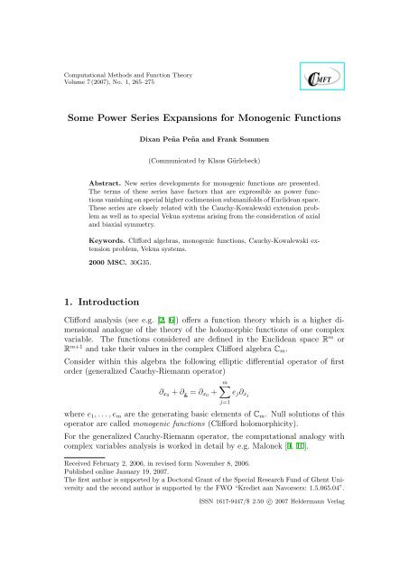 Some Power Series Expansions for Monogenic Functions in