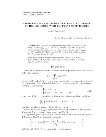 COMPLETENESS THEOREMS FOR ELLIPTIC EQUATIONS OF ...