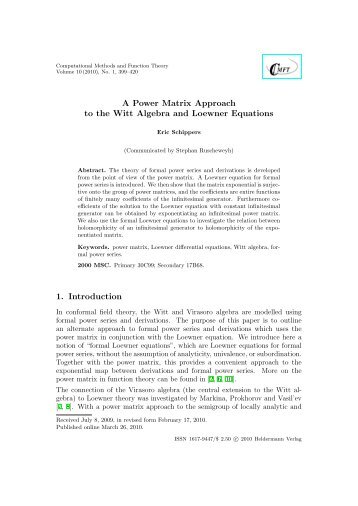 A Power Matrix Approach to the Witt Algebra and Loewner Equations