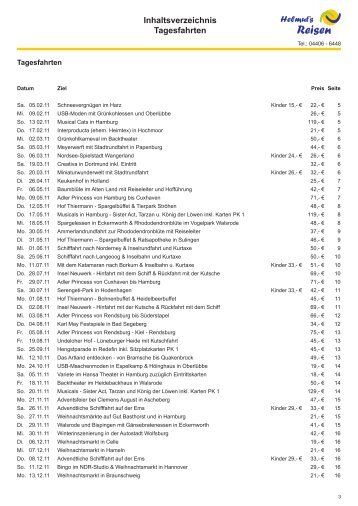 Inhaltsverzeichnis Tagesfahrten - Helmuts Reisen