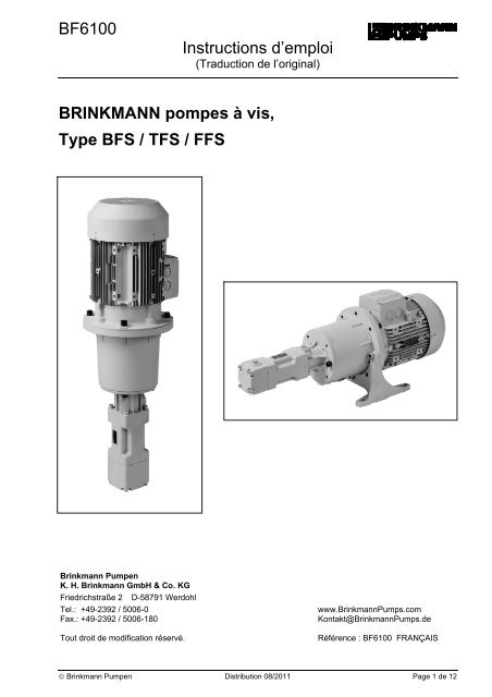 BRINKMANN pompes à vis, Type BFS / TFS / FFS - Brinkmann Pumps