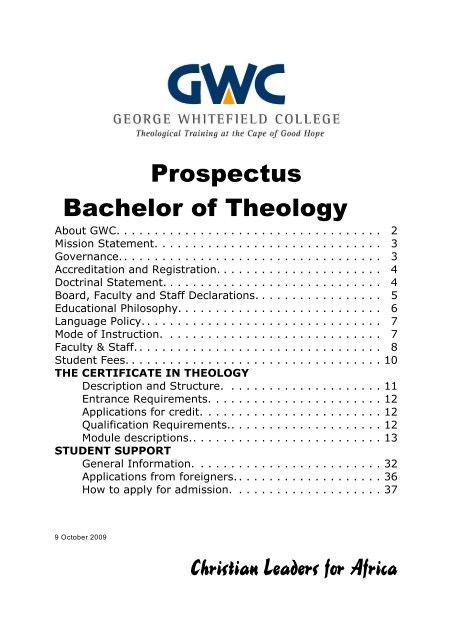 Prospectus Bachelor of Theology Christian Leaders for Africa