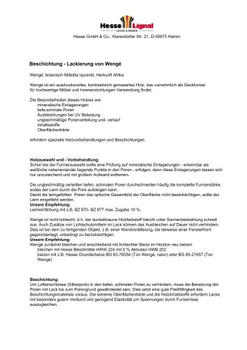 Beschichtung - Lackierung von WengÃ© - Hesse Lignal