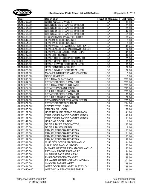 Genuine Hatco Replacement Parts Price List - HD Sheldon and Co.