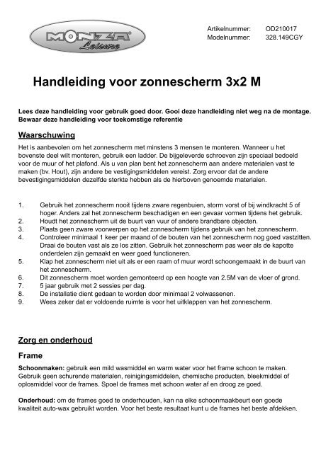 Handleiding voor zonnescherm 3x2 M - Heuts