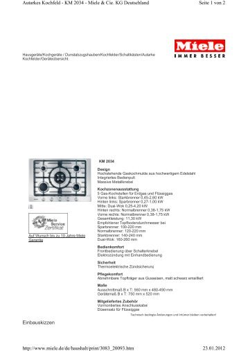 Einbauskizzen Seite 1 von 2 Autarkes Kochfeld - KM 2034 - Miele ...