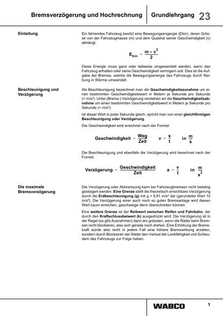 Bremsverzögerung und Hochrechnung Grundlehrgang 23 - INFORM