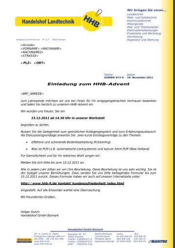 Einladung zum HHB-Advent - Handelshof Landtechnik GmbH