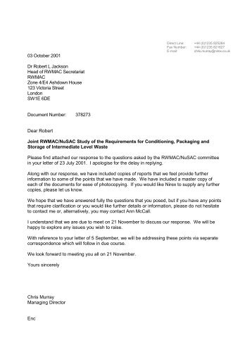 Letter to Robert Jackson - Nirex response to ... - Greenpeace UK
