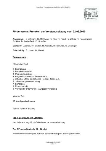 Förderverein: Protokoll der Vorstandssitzung vom 22.02.2010