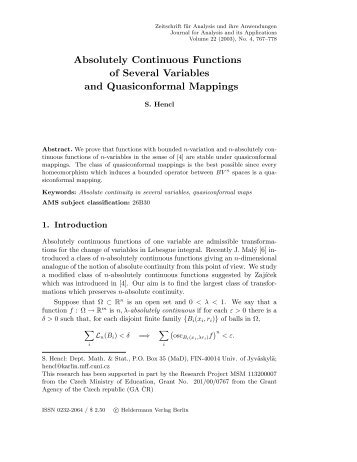 Absolute continuity for functions of several variables - Heldermann ...