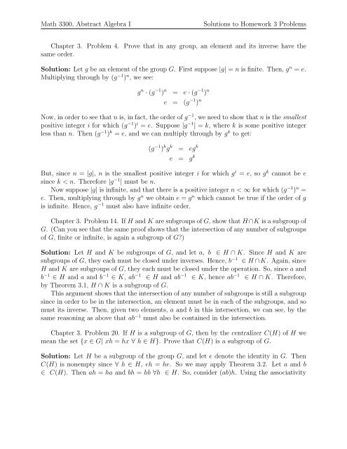 Math 3300 Abstract Algebra I Solutions To Homework 3 Problems