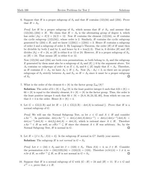 Math 330 Review Problems for Test 2 Solutions 1. Let a and b be ...