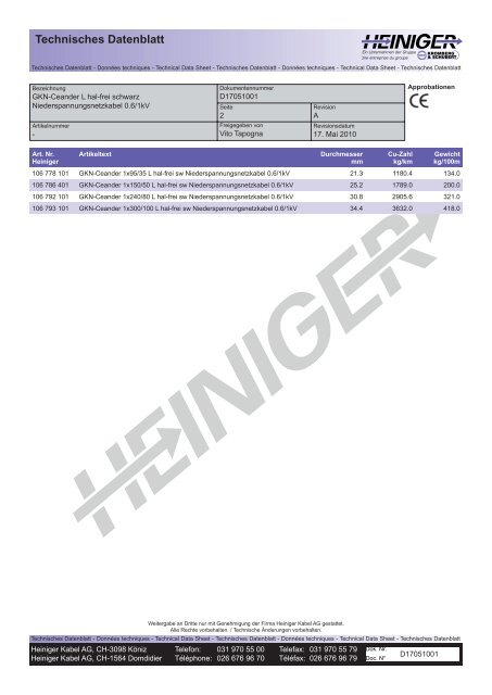 Datenblatt anzeigen - Heiniger Kabel AG