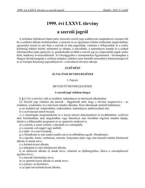 1999. évi LXXVI. törvény a szerzői jogról - Szellemi Tulajdon ...