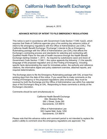 advance notice of intent to file emergency regulations - California ...