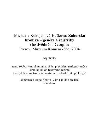 RejstÅÃ­ky k ZÃ¡horskÃ© kronice - HranickÃ¡ historickÃ¡ knihovna