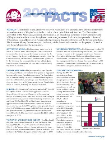 2008 Fact Sheet/2007 Highlights - Jamestown Settlement