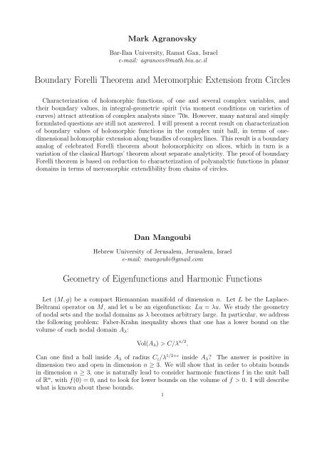Mark Agranovsky, Bar-Ilan University, Ramat Gan, Israel Dan ...