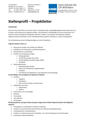 Stellenprofil – Projektleiter - Hans Schmid AG
