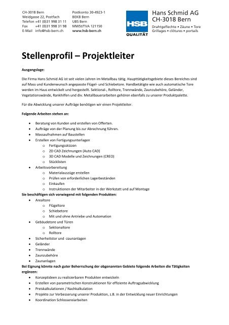 Stellenprofil – Projektleiter - Hans Schmid AG