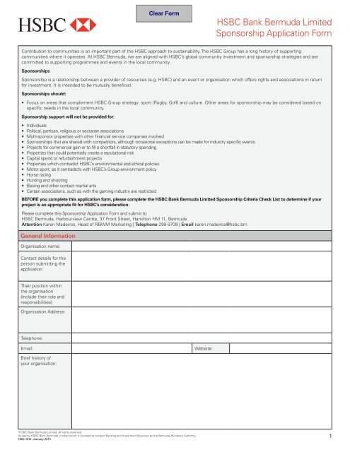 Hsbc Bank Bermuda Limited Sponsorship Application Form