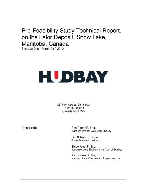 Pre-Feasibility Study Technical Report, on the  - Hudbay Minerals