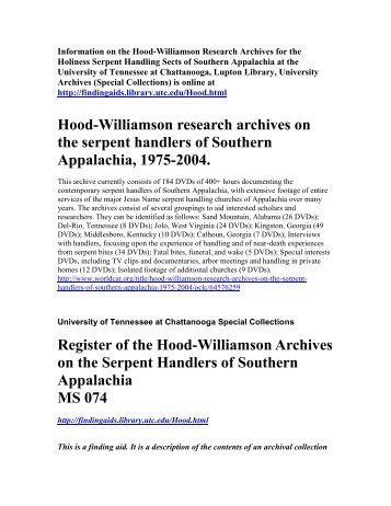 The Hood-Williamson research archives on the serpent handlers of ...