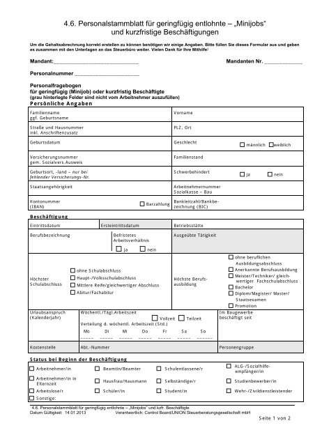 4 6 Personalstammblatt Fur Geringfugig Entlohnte Minijobs Und