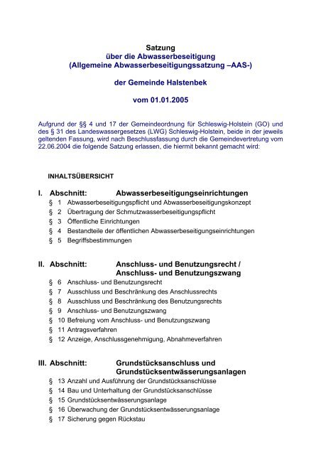 Satzung über die Abwasserbeseitigung - Gemeindewerke Halstenbek